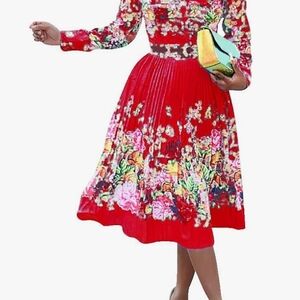 Red Pleated Floral Women's Dress
